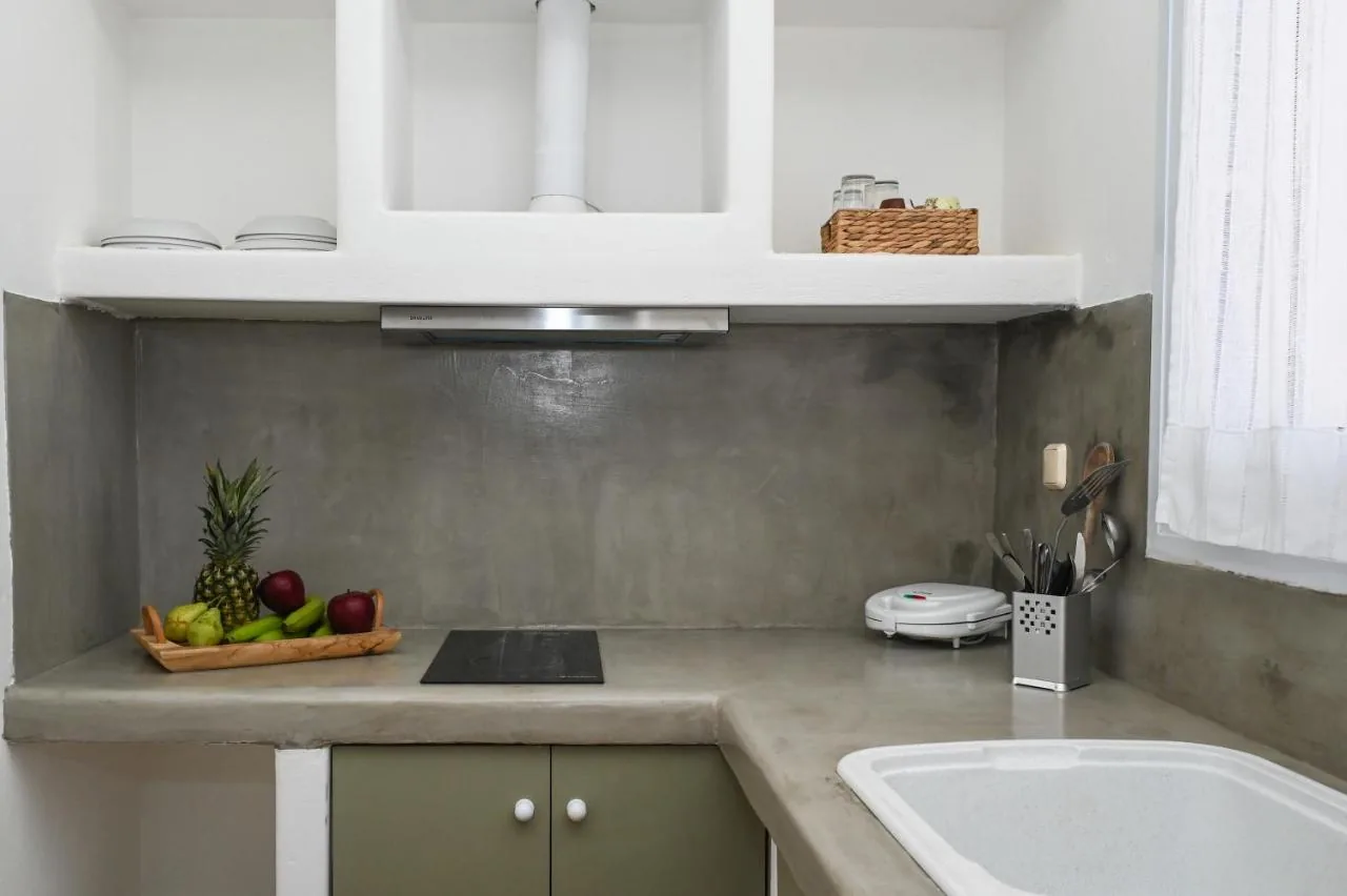 The kitchen of Navis Apartment with a cement counter and fruit on the side